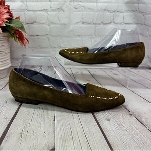 Sesto Meucci Olive Green Suede leather Womens 9 S Flats designer gold metallic